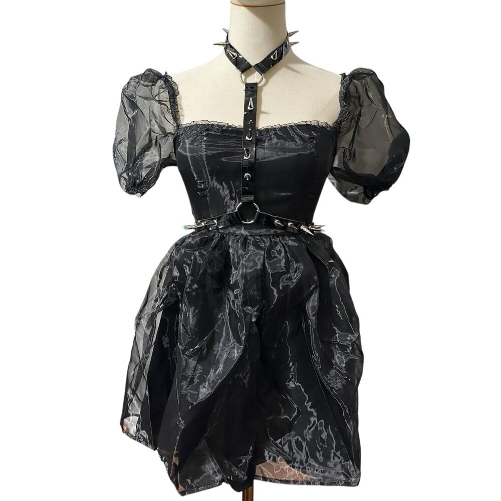 Dolls Kill Widow XXS 2XS Spiked Harness Black Sheer Mesh Babydoll Mini Dress